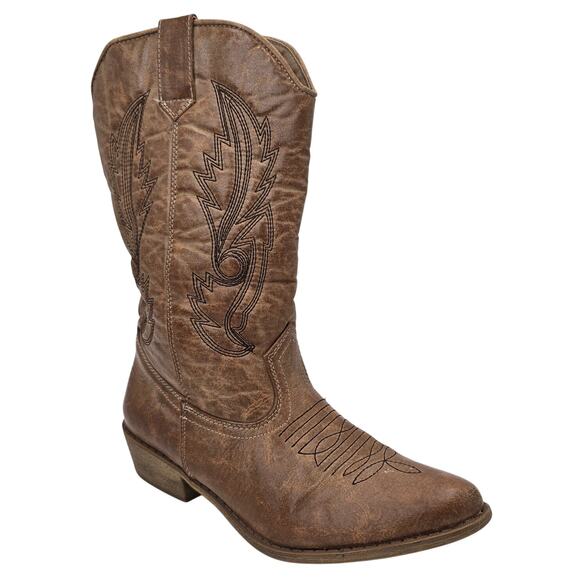 Coconuts Brown Western Boots Brown Faux Leather Embroidered Cowgirl Women's 7M - Picture 1 of 9